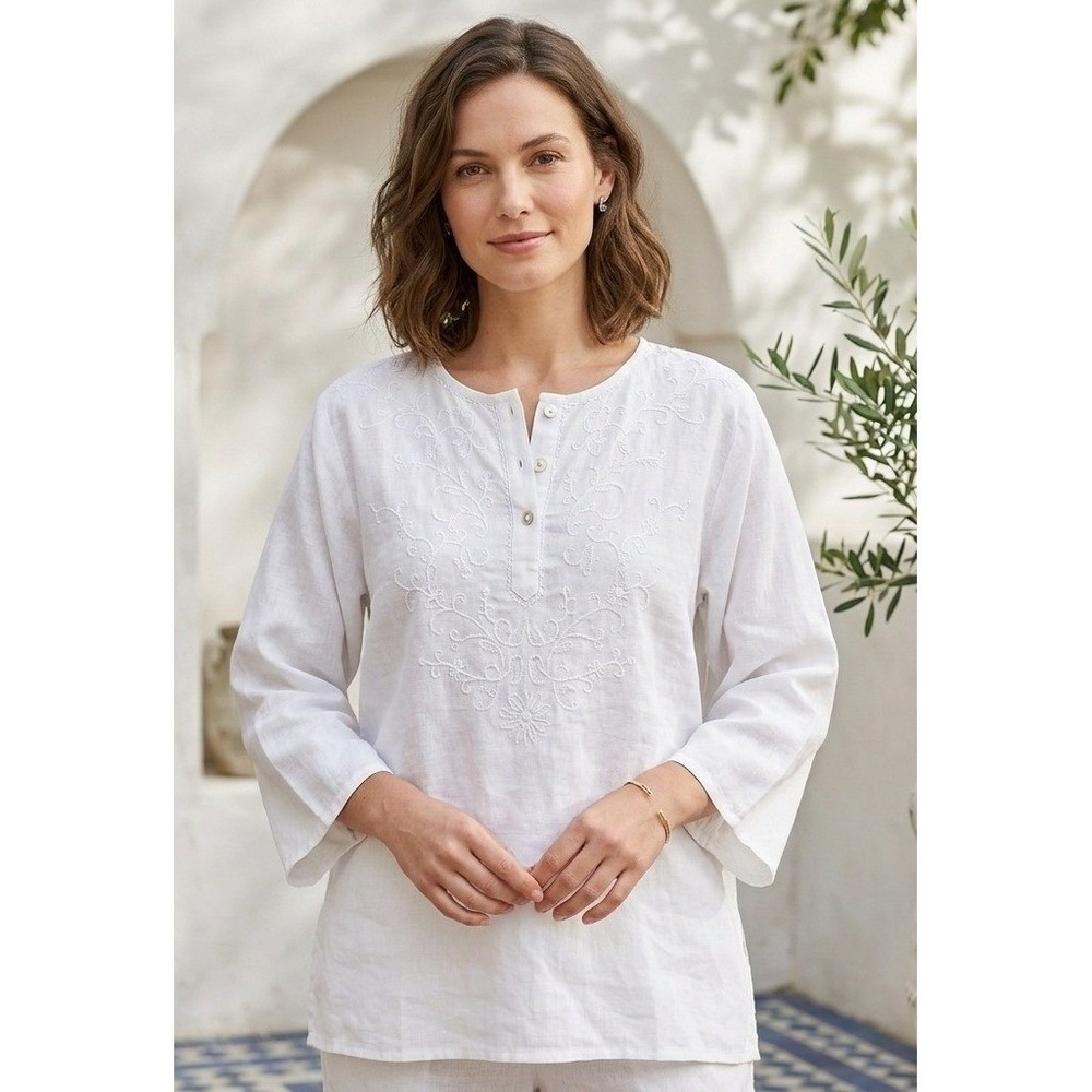 Willow Top Blouse Women's Size S‎ Embroidered Floral Henley White Minimalist NEW